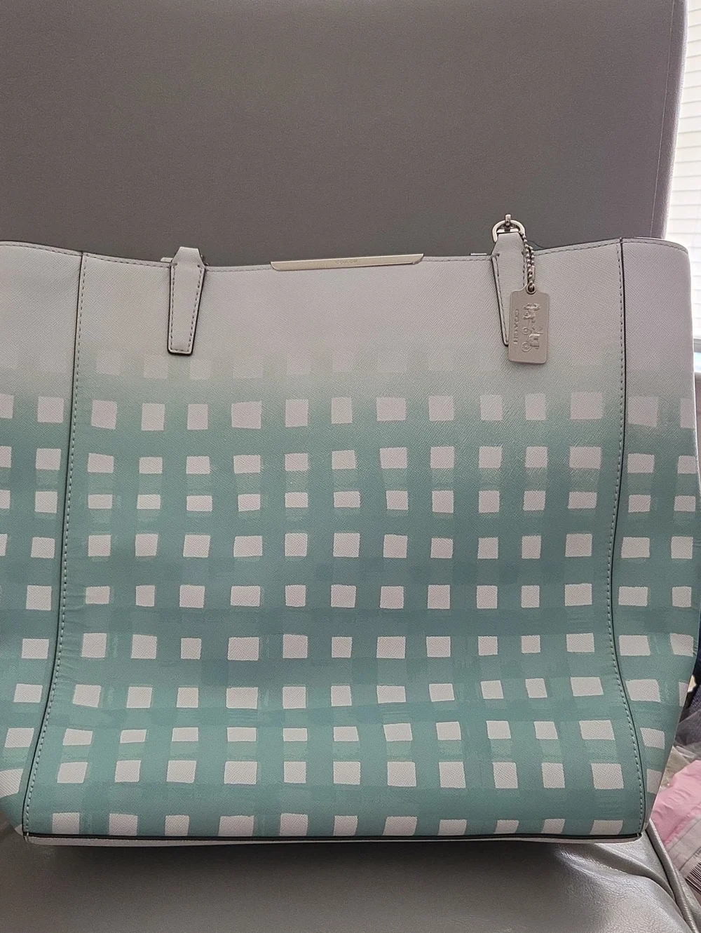 Coach Aqua and White Checkered Tote